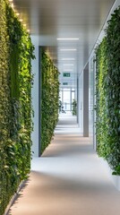 A bright corridor with green walls made of plants, leading to workspace areas in a contemporary office
