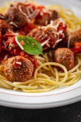 spaghetti meatballs in tomato sauce meat fresh meal food snack on the table copy space foodbackground rustic top view