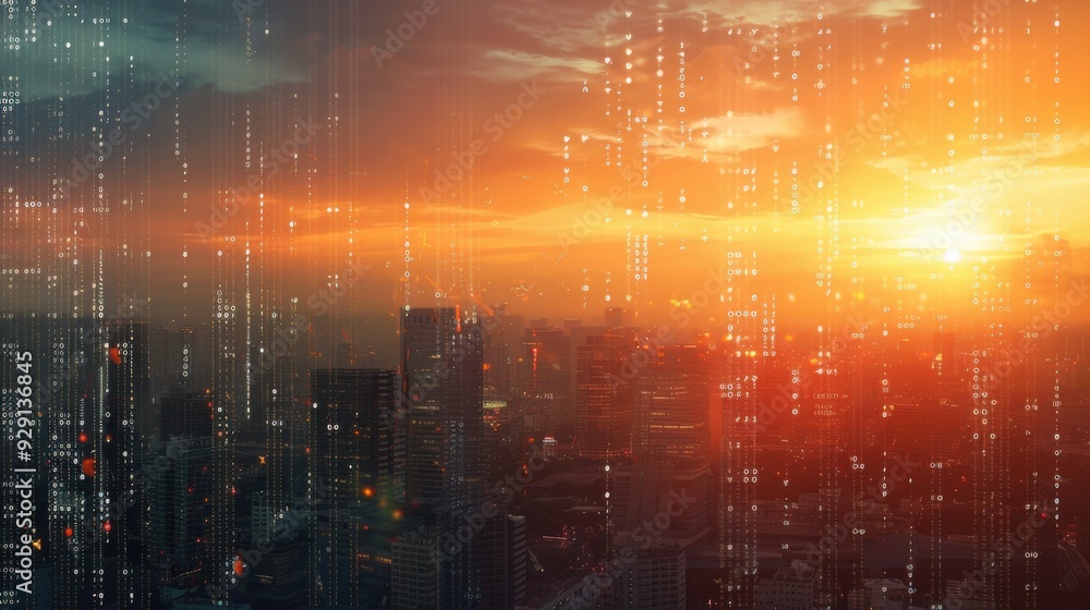 Poster cityscape with binary code at sunset