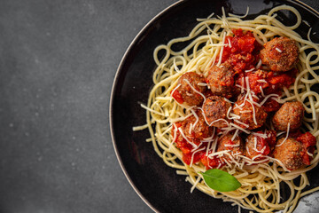 spaghetti meatballs in tomato sauce meat fresh meal food snack on the table copy space foodbackground rustic top view
