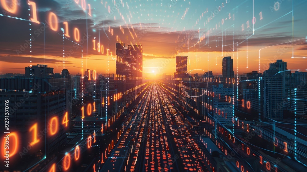 Poster cityscape with binary code at sunset