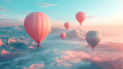 Obraz premium pink hot air balloons in the sky over the mountains, aeronautics, air transport, fabulous landscape, beauty, nature, flight, basket, movement, fantasy, dream, travel, vacation
