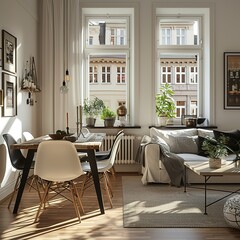 Obraz premium Studio apartment with dining table and chairs. Scandinavian interior design of modern living room