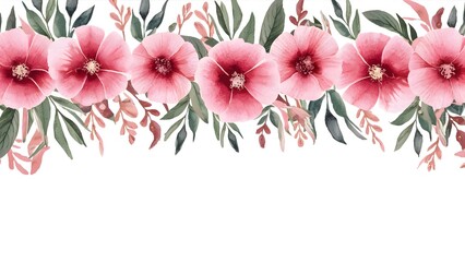 Watercolor Poppy bottom border. Horizontal floral background. Abstract pink flowers on white. Botanical illustration, wedding design.