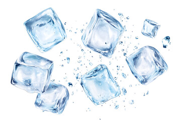 Fototapeta premium Fresh ice cubes splash with water, creating a refreshing and cool visual perfect for summer drinks and cocktails.