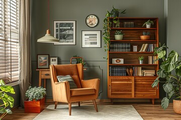 Fototapeta premium Stylish interior of living room with design brown armchair, wooden bookcase, pendant lamp, carpet decor, picture frames and elegant personal accessories in modern retro home decor