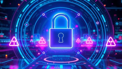 futuristic interface with a prominently displayed secured padlock illuminated by neon blue and purple lights surrounded by swirling data patterns and cyber threat icons
