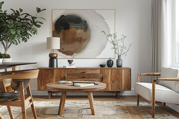 Stylish scandinavian living room interior of modern apartment with wooden commode, design table, chairs, carpet, abstract paintings on the wall and personal accessories in unique home decor.