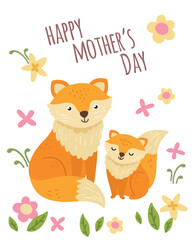 Cute foxes mom and baby on happy mother day card
