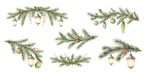 Watercolor set spruce branch with balls, lanterns and red berries. Illustration for greeting card, invitations, decorations, wallpaper, stationery. Hand drawn illustration. © ElenaMedvedeva
