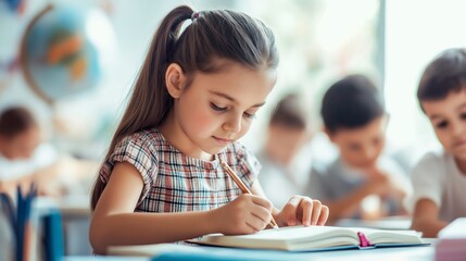 Young girl focusing on her schoolwork, writing in notebook, classroom background. Education, learning, childhood, and concentration.