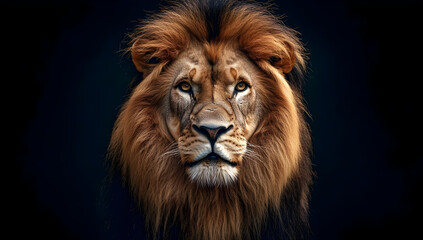 Fototapeta premium Majestic lion with a striking mane, symbolizing strength and power, exudes confidence in this captivating portrait.