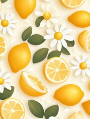 The lemon and daisy pattern on a clean background creates a cheerful and organic illustration, perfect for packaging design with ample text space!