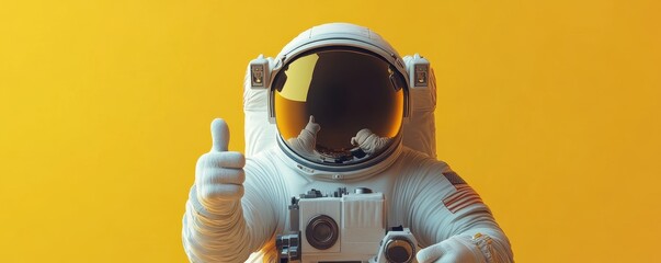 Astronaut cartoon giving thumbs up on yellow surface