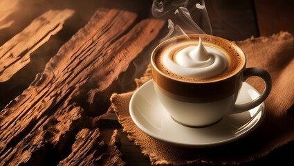 taza de café o chocolate caliente con espuma, sobre un plato blanco y madera rustica  