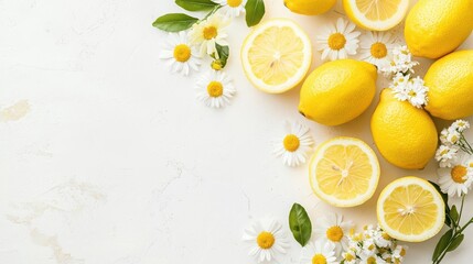 Floral arrangement showcasing lemons and daisies, vibrant and natural layout with ample space for text.