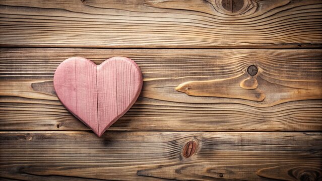 Soft pink heart shape carved into a distressed wooden plank, surrounded by natural wood grain texture, against a warm, rustic wood background with subtle cracks.