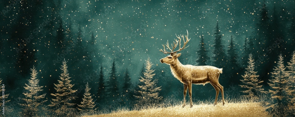 Poster textured gold rectangular display with reindeer on forest green backdrop