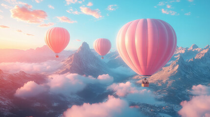 Obraz premium pink hot air balloons in the sky over the mountains, aeronautics, air transport, fabulous landscape, beauty, nature, flight, basket, movement, fantasy, dream, travel, vacation