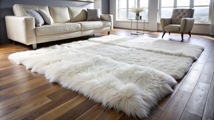 Soft, plush, and luxurious fur rug in a creamy white color lies on a dark wood floor, adding warmth and elegance to a modern space.