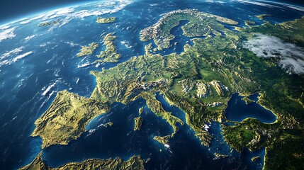  map of Europe, showing the landmasses and surrounding bodies of water.