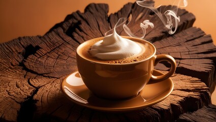 taza de chocolate o café caliente con espuma, sobre un plato café en un tronco de madera   