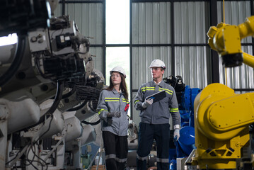 Fototapeta premium Engineer standing by robotic arm and operating machine in industry factory
