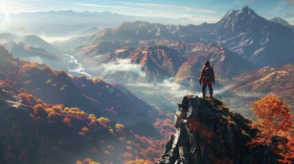 A lone adventurer stands on a rocky peak, gazing over a breathtaking autumn valley with colorful foliage and misty mountains at sunrise.