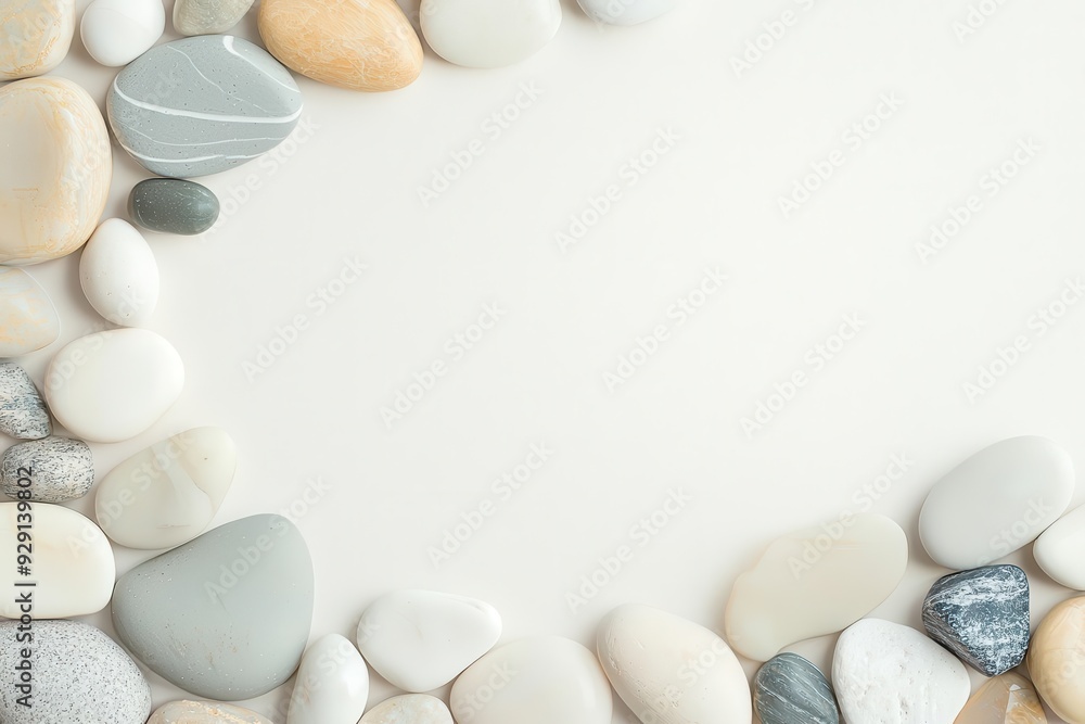 Poster delicate stones arranged in a minimalist pattern, soft tones with ample copy space, ideal for creati