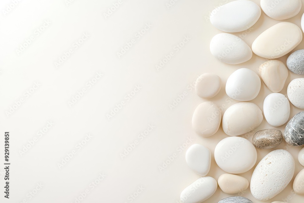 Poster delicate stones arranged in a minimalist pattern, soft tones with ample copy space, ideal for creati