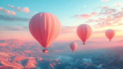 Obraz premium pink hot air balloons in the sky over the mountains, aeronautics, air transport, fabulous landscape, beauty, nature, flight, basket, movement, fantasy, dream, travel, vacation