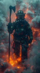 Heroic Firefighter Stands Tall Amid Billowing Smoke,Wielding Axe in Cinematic Urban Setting