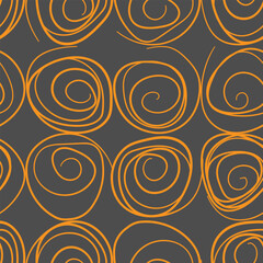 Seamless pattern of orange doodles made of lines on a dark background