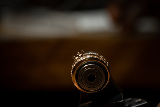 The work of jewelers. Trial jewelry of semiprecious metals. Ring. Selective focus. Macro photo.