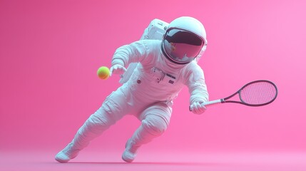 Fototapeta premium 3D space traveler playing tennis on mauve backdrop