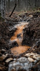 Obraz premium Orange-brown water flows from a muddy channel in a forest, surrounded by stones and trees
