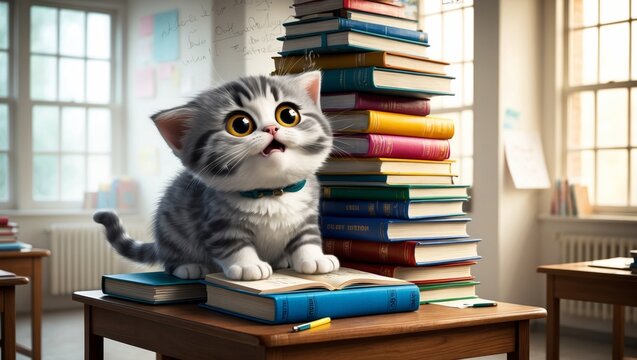 A small kitten analyzes books atop a table in a well-lit classroom