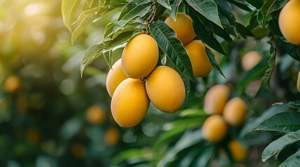 A cluster of ripe yellow fruits hanging from a green tree branch in natural light.