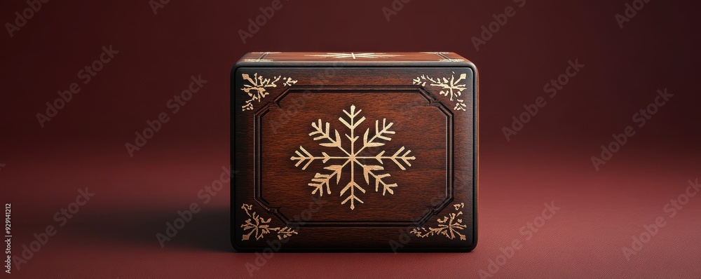 Poster wooden cube display stand with snowflake pattern on burgundy background
