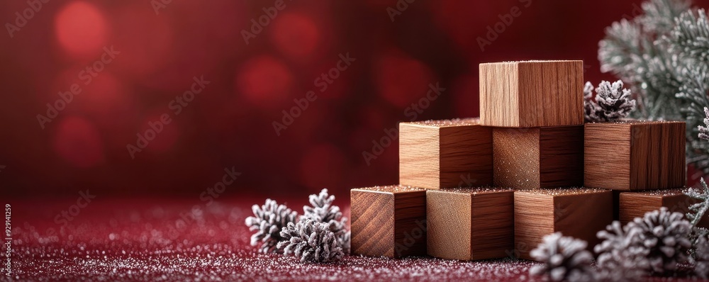 Poster wooden cube display stand with snowflake pattern on burgundy background