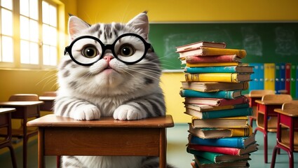 A cat attentively sits at a desk in a bright classroom filled with books