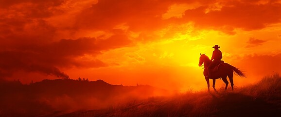 Fototapeta premium A lone cowboy rides a horse into the setting sun, silhouetted against a fiery orange sky.