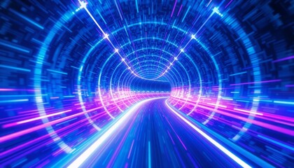 shifting light patterns in electric blue and violet form a textured tunnel walls pulse with energy streaks of light create a sense of rapid immersive hyperspace travel