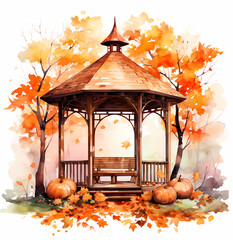 Serene Gazebo in a Tranquil Park Amidst the Golden Hues of Autumn. Perfect for wallpapers, backgrounds