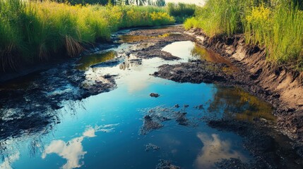 A clear river reflects the blue sky and clouds, bordered by vibrant grass and plants under bright sunlight
