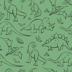 Dinosaurs, sketch, seamless pattern, monochrome sketch, hand drawn vector © aksol