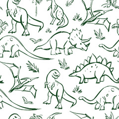 Dinosaurs, sketch, seamless pattern, monochrome sketch, hand drawn vector