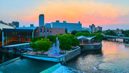 Aerial Panorama of South Bend Riverfront at Sunset