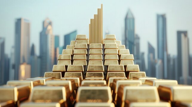 Futuristic Cityscape of Wealth, Bullion bars stacked like a skyscraper, symbolizing prosperity and luxury, ideal for promotional content highlighting opulence and investment opportunities