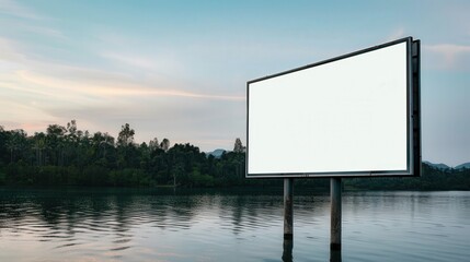 Obraz premium Lakeside Billboard Serenity, an empty advertisement space beside calm waters, surrounded by lush greenery, inviting nature-themed messages to enhance the peaceful landscape.